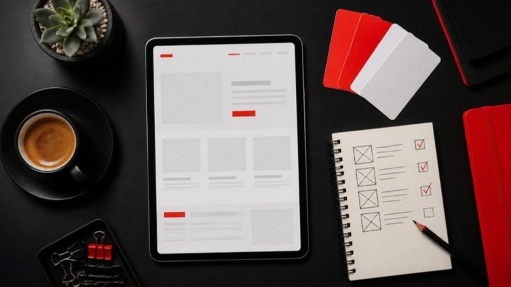 Website planning flat-lay: tablet with a wireframe, checklist notebook and red colour swatches on a black desk