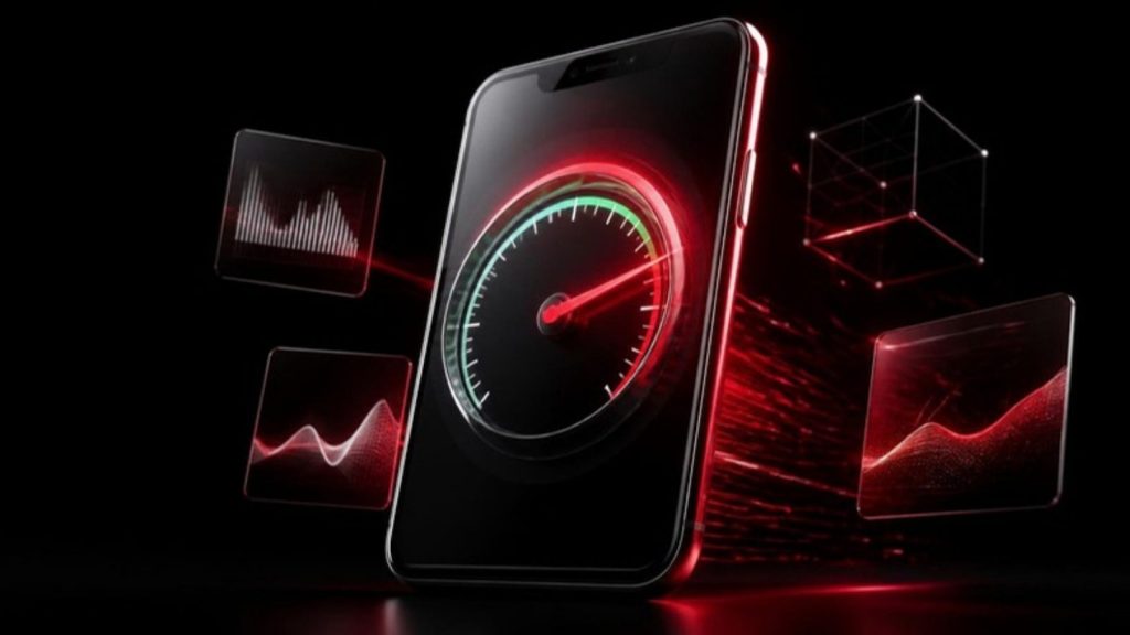Smartphone showing a website performance gauge at maximum speed with glowing red rings