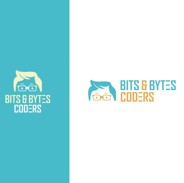 Bits & Bytes Coders mascot logo on a turquoise panel and on white