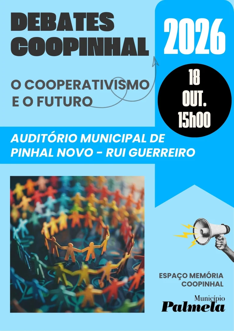 Blue event poster for Debates Coopinhal 2026, O Cooperativismo e o Futuro, with paper people holding hands in a circle