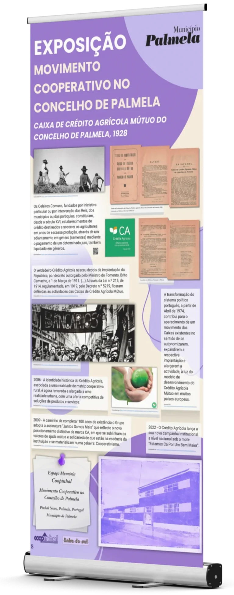 Lilac roll-up banner for the Coopinhal cooperative movement exhibition, about agricultural credit cooperatives