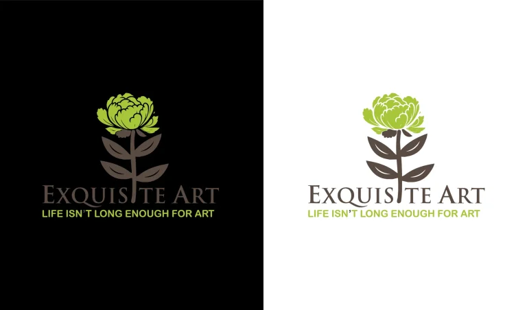 Exquisite Art logo with a green flower, on black and on white