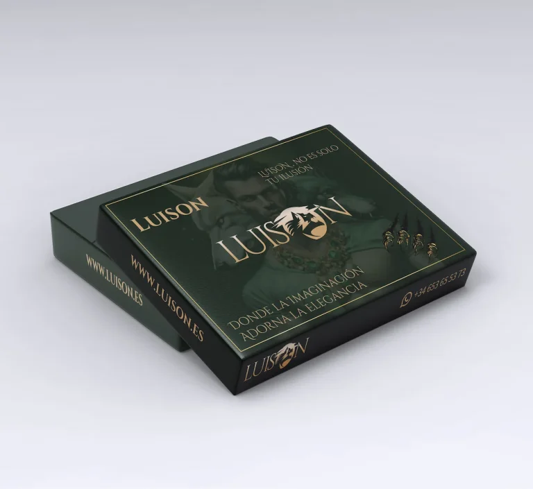 Luison dark green gift box packaging mockup with gold logo