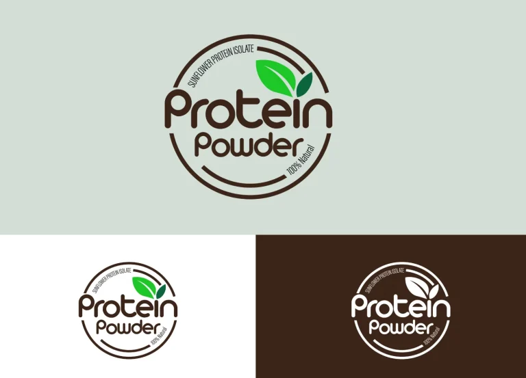 Protein Powder round badge logo on light, white and brown backgrounds