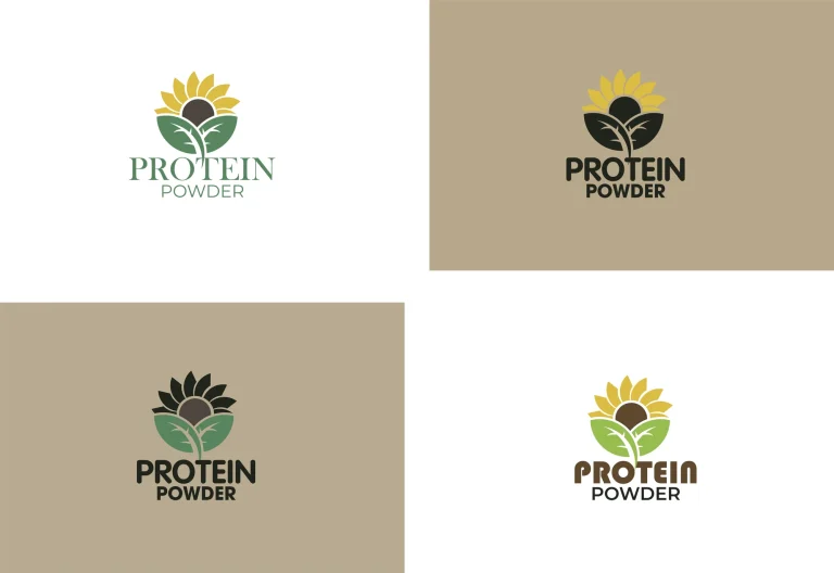 Protein Powder sunflower logo set on white and beige backgrounds
